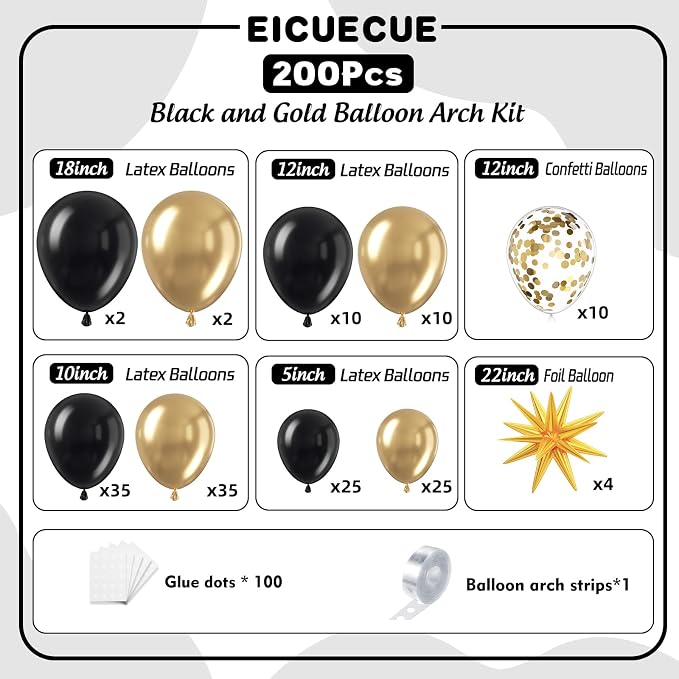 Black and Gold Balloons Garland Arch Kit 200Pcs - Image 2