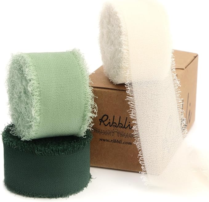 Ribbli Green Ribbon 1 Inch x 3 Rolls Total 24 Yards Ivory/Sage/Forest Green by Ribbli