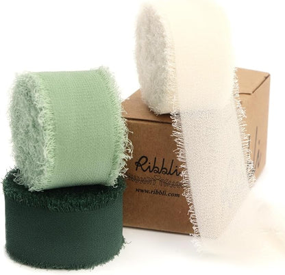 Ribbli Green Ribbon 1 Inch x 3 Rolls Total 24 Yards Ivory/Sage/Forest Green by Ribbli