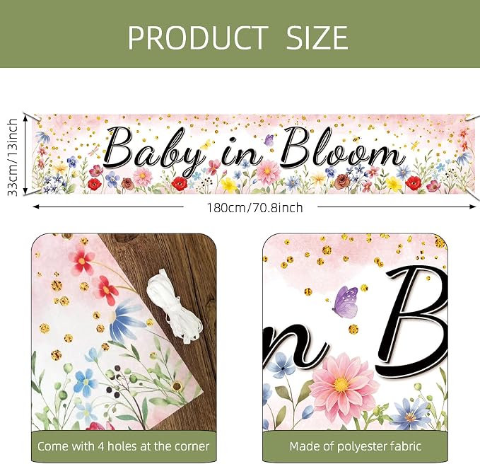 Baby in Bloom Baby Shower Banner, Spring Baby Shower Decorations, Large 70.8x13 - Image 2