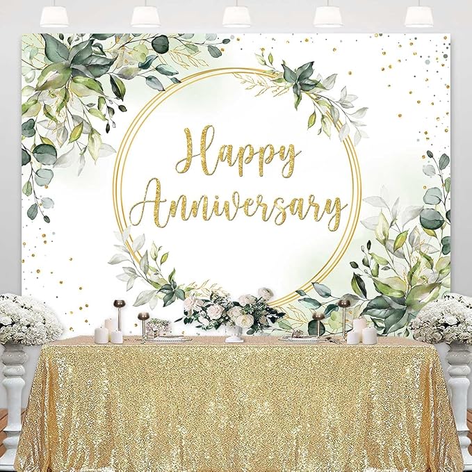 8x6ft Happy Anniversary Backdrop Sage Green Eucalyptus Wedding Anniversary - Image 2