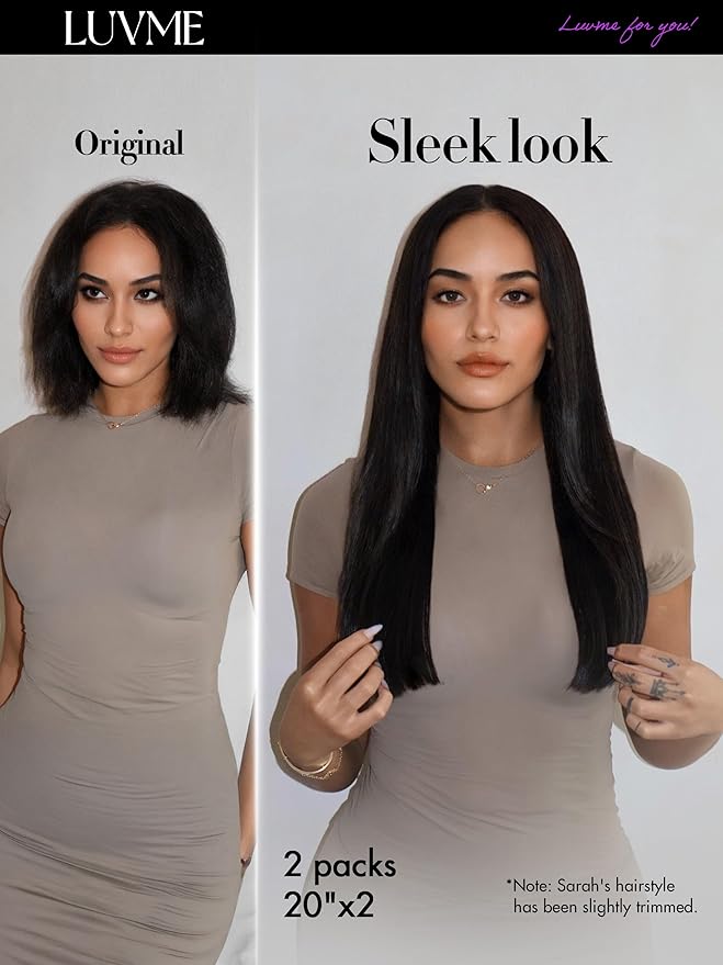 LUVME 2 Pack Straight Seamless 220g 14Pcs Clip in Hair Extensions Full Max with 20inch Remy Human Hair Extensions, Natural Black 100% Real Soft Human Hair Extension