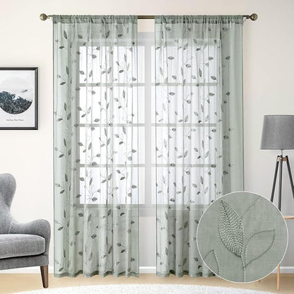 HOMEIDEAS Sage Green Sheer Curtains 52 X 84 Inches Long 2 Panels Embroidered - Image 2
