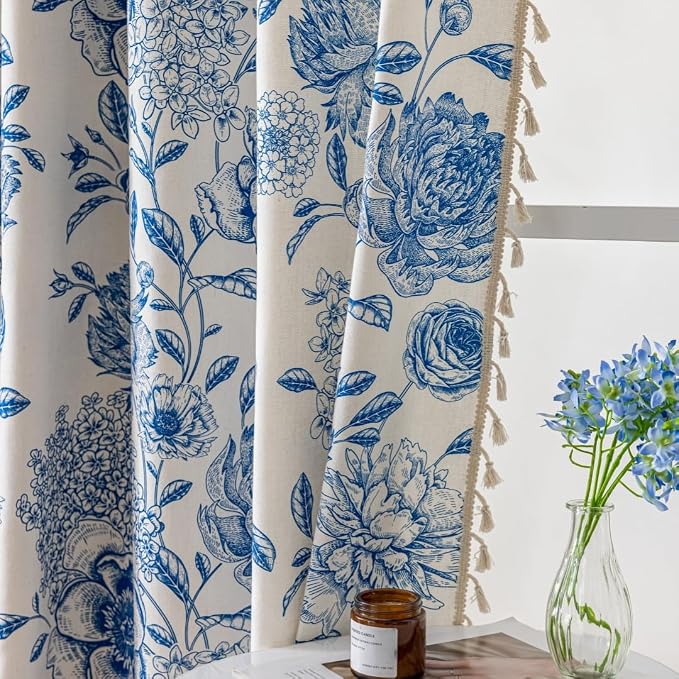 F-CHU Blue Floral Farmhouse Curtains Living Room Drapes 84 Inch Length Cotton - Image 7