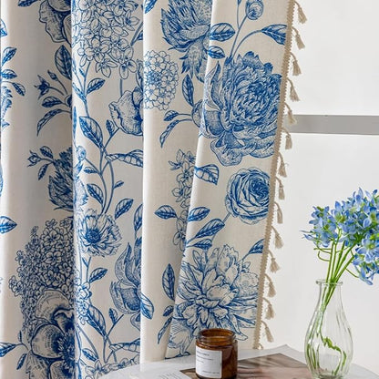 F-CHU Blue Floral Farmhouse Curtains Living Room Drapes 84 Inch Length Cotton - Image 7