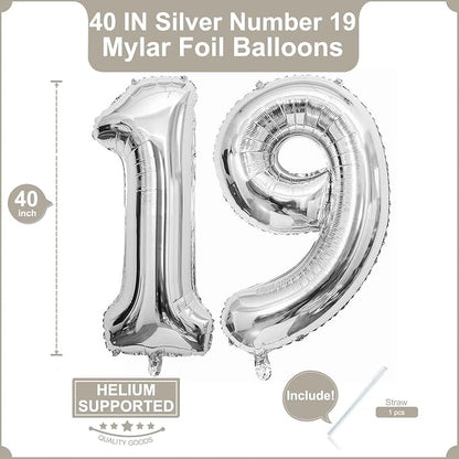 40 Inch Silver 19 Balloons Giant Number 19 Balloons Silver 19 Birthday Balloons - Image 2