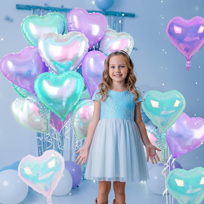 Iridescent Heart Balloons, 18 Inch Transparent Gradient Blue Purple Foil - Image 5