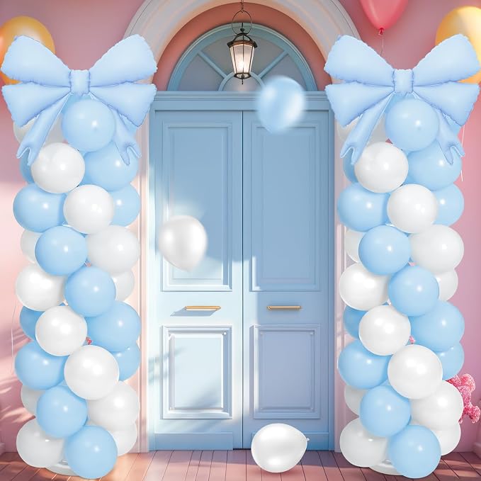 2 Sets Light Blue White Bow Balloon Column Stand Kit Includes 2 Bows & 100 - Image 6