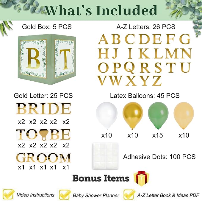 101 PC Greenery Bridal Shower Decorations Balloon Boxes Gold- Blocks - Image 3
