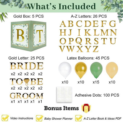 101 PC Greenery Bridal Shower Decorations Balloon Boxes Gold- Blocks - Image 3