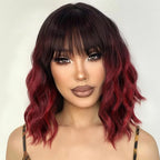 Nnzes Ombre Red Wig with Bangs for Women Bob Wavy Synthetic Wigs with Natural Shoulder Length Curly Heat Resistant Hair for Daily Party Use