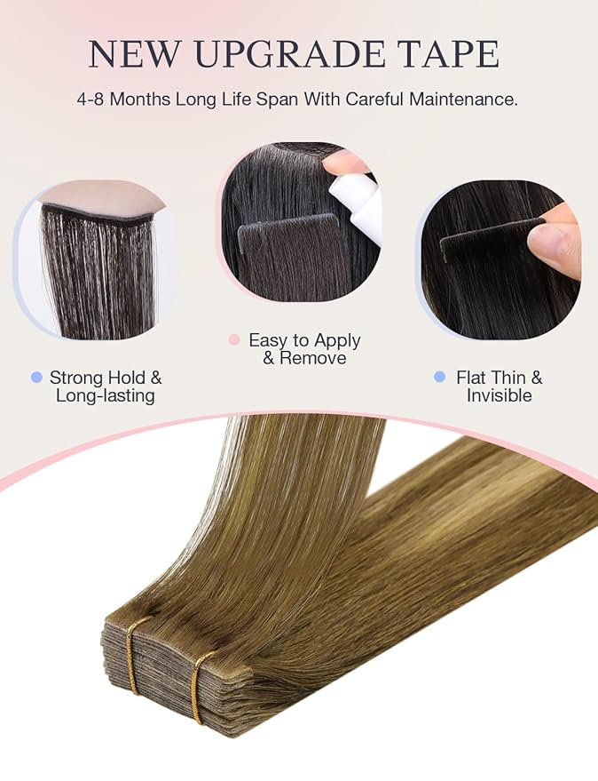 DOORES Invisi Edge Tape in Extensions Human Hair, Medium Brown Highlighted Dirty Blonde 10 Injection Tape-ins with 10 Injection Tape-ins 50g 22 Inch, Injected Tape in Extensions