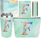 Personalized Gifts Monogrammed Birthday Gifts for Women, Aunt Grandma Retirement Christmas Initial 20 oz Tumbler, Makeup Bag Cup Ballpoint Pens Journal Notebook 6 Set, (Aesthetic Green Flower F)