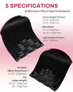 Moresoo Seamless Clip in Hair Extensions Human Hair Remy Straight PU Weft Human Hair Clip in Extensions Full Head Jet Black #1 7pcs/120g 16inch