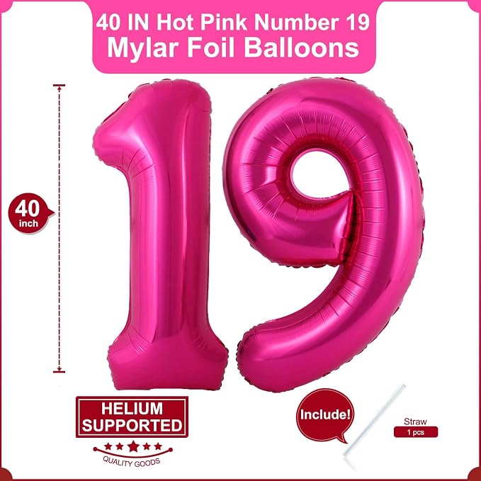 40 Inch Hot Pink 19 Balloons Giant 19 Balloons Hot Pink 19 Birthday Balloons - Image 2