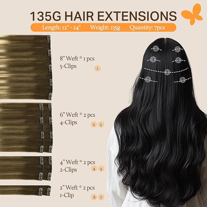 DOORES Clip in Human Hair Extensions, Balayage Walnut Brown to Ash Brown and Bleach Blonde 135g 7pcs 16 Inch, Thick Real Hair Extensions Clip in Natural Straight Weft for Birthday