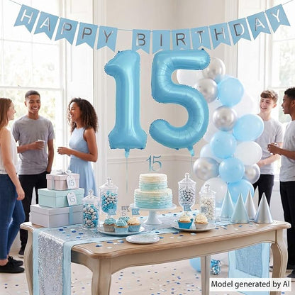 Pearlescent Blue Number 15 Balloon 40 Inch, Large Light Blue Foil 15th Birthday - Image 6