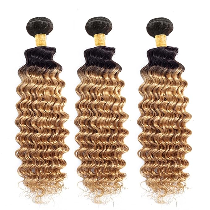 Ombre Bundles Human Hair Blonde Deep Wave Bundle Brazilian Virgin Remy Soft and Silky Hair 3 Bundles 22 24 26 Inch Double Weft 2 Tone Black and Honey Blonde Bundle Hair Weave 300g