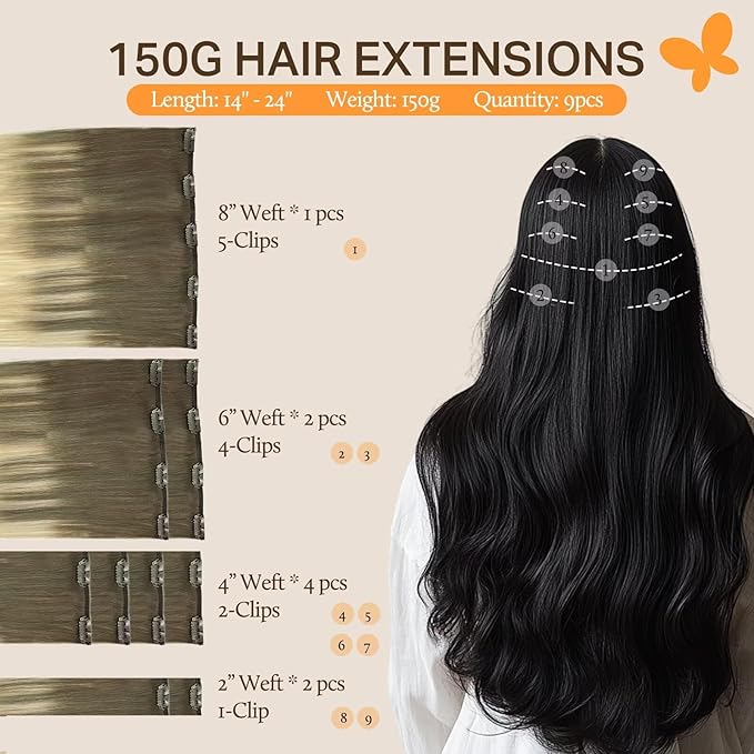DOORES Hair Extensions Real Human Hair, Ash Brown to Platinum Blonde 150g 9pcs 18 Inch, Clip in Extensions Human Hair Natural Remy Clip in Hair Extensions Silky Straight Thick Human Hair Extensions