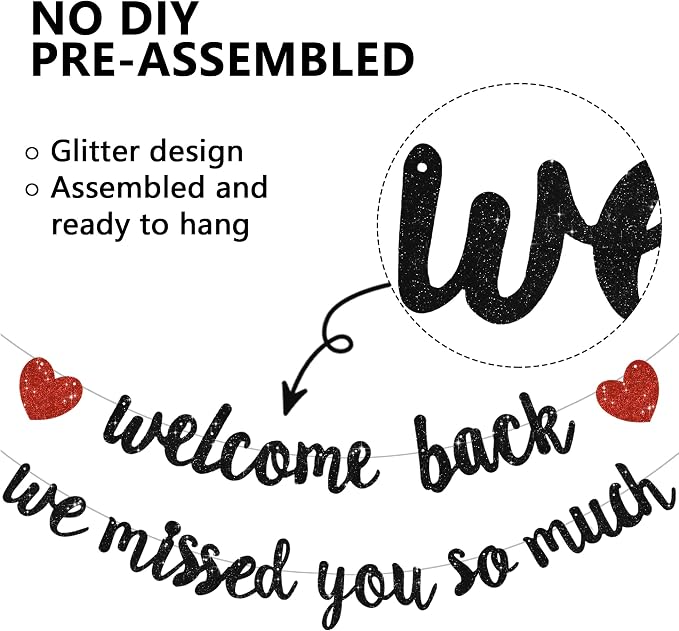Glitter Black Welcome Back We Missed You So Much Banner NO DIY | Pre-Strung - Image 2