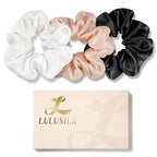 LULUSILK Silk Scrunchies for Hair Sleep, 100% Real Mulberry Silk, No Damage Hair Ties for Women and Girls, Black White and Lotus Pink, Pack of 3
