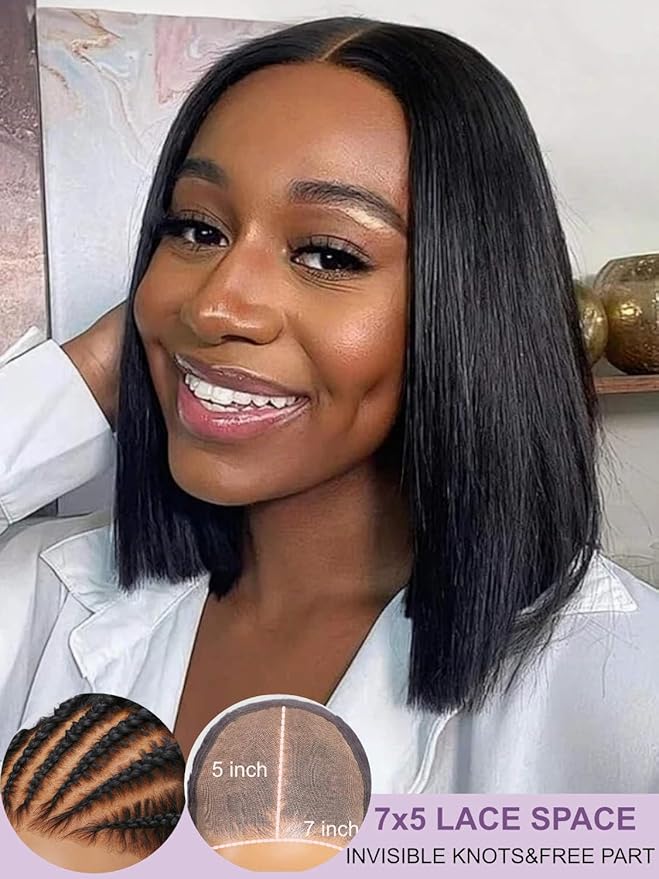YIROO Bye Bye Knots 7x5 Lace Straight Bob Wig Glueless Human Hair Wig with Elastic Drawstring,Pre Plucked Pre Cut Short Bob Lace Closure Wig Wear and Go Natural Color 150% Density 12Inch