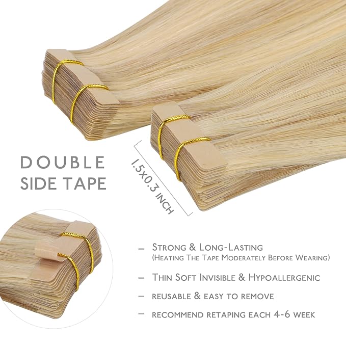 WENNALIFE Tape in Hair Extensions Human Hair, 20pcs 50g 16 inch Light Blonde Highlighted Golden Blonde Remy Hair Extensions Straight Human Hair Tape in Extensions Skin Weft Tape Extensions Human Hair