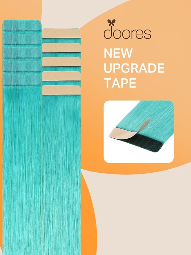 DOORES Human Hair Extensions, Teal Green Tape, Straight, 25g 10pcs 16 Inch