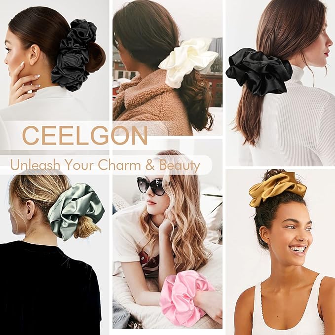 9.5 inch Silk Scrunchies Oversized Scrunchie Jumbo Scrunchies Giant Silk Scrunchie Extra Large Satin Thick Elastic Fluffy Hair Ties for Women and Girls 3 Pack (Black)