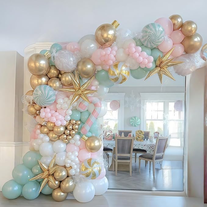 Pink and Green Balloons Pastel Green Pink White Sand Gold Metallic Balloons - Image 5