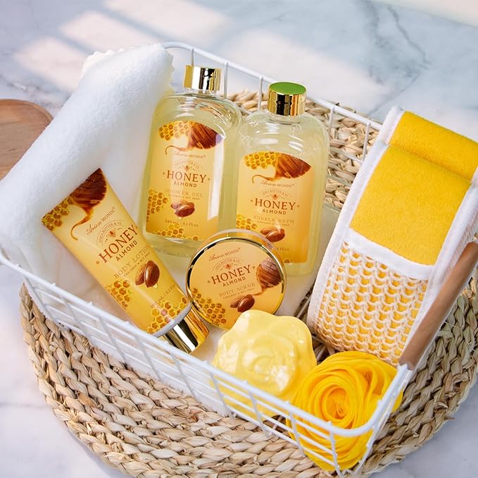 Gift Baskets , Spa Gifts for Women, 8pcs Honey Almond Bath Gift Set for Women, Relaxation Self Care Spa Kit W/Bath Bomb, Bubble Bath, Mom Birthday Gifts, Christmas Gifts Thank You Gifts
