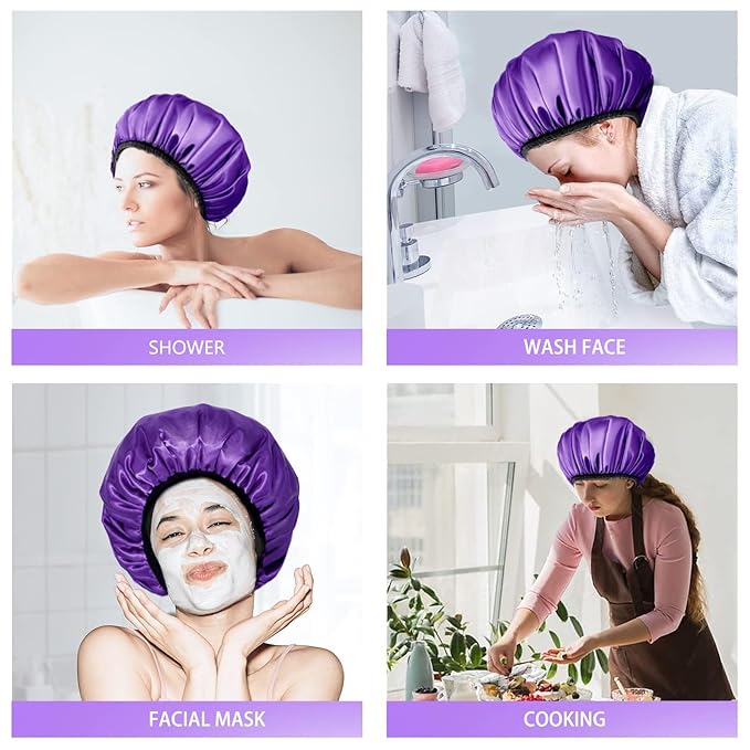 Aquior Shower Cap,Extra Large Triple Layer Bathing Cap with Dry Hair Function for Women Microfiber Terry Cloth Silky Satin 100% Waterproof Reusable Long Hair Bath Caps (Purple)