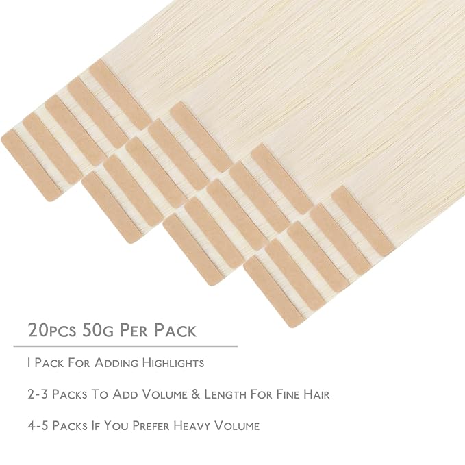 WENNALIFE Tape in Hair Extensions Human Hair, 20pcs 50g 20 inch White Blonde Remy Hair Extensions Straight Human Hair Tape in Extensions Skin Weft Tape Extensions Human Hair