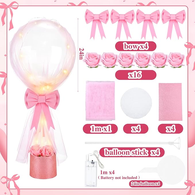 4 Set Pink Bow Balloons Baby Shower Table Centerpiece Decor Coquette Pink Bow - Image 3