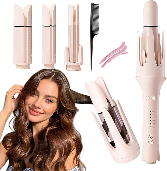 3 in 1 Hair Curler Automatic Rotating - Automatic Curling Iron with 3 Curling Barrels (1.1" - 1.25" - 1.5"), Rotating Curling Iron with 3 Temp - Anti-Scald，Tangle-Free，Lightweight for Travel（Pink）