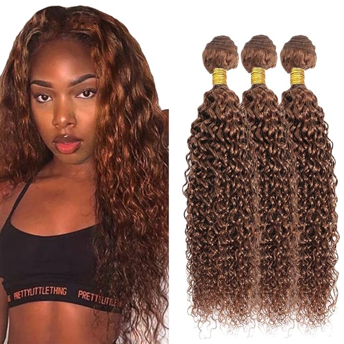 Light Brown Bundles Human Hair Color #30 Water Wave Bundle Niegmeag Brazilian Virgin Hair 3 Bundles 14 16 18 Inch Double Weft Light Brown Wet and Wavy Bundle