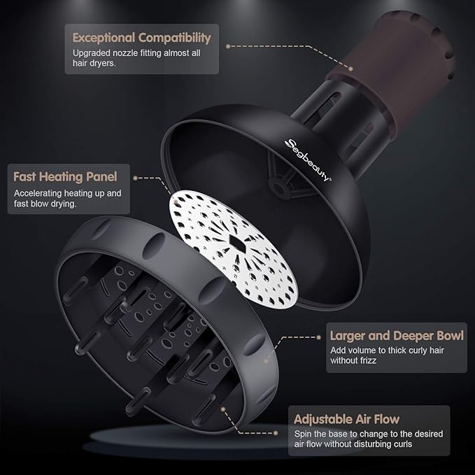 Segbeauty Hair Diffuser for Curly Hair, Upgraded Adjustable Air Flow, Deep Bowl, Professional Salon Frizz-free Fast Dry Diffuser Attachment with 1.57"-1.97" Nozzle, Black
