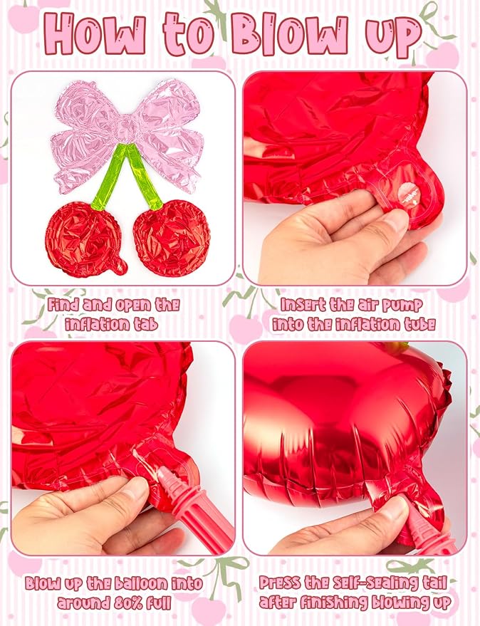 10Pcs Pink Bow Red Cherry Foil Balloons | - Image 3