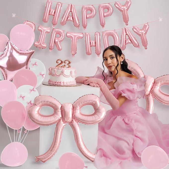 Bow Party Decorations Pink Happy Birthday Balloons Banner Pink Birthday - Image 5