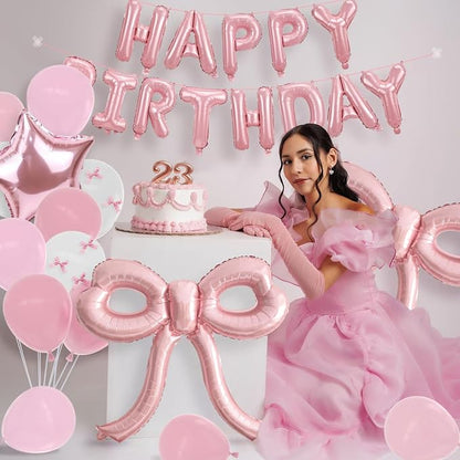 Bow Party Decorations Pink Happy Birthday Balloons Banner Pink Birthday - Image 5