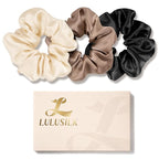 LULUSILK Silk Scrunchies for Hair Sleep, 100% Real Mulberry Silk, No Damage Hair Ties for Women and Girls, Basic Collection, Pack of 3