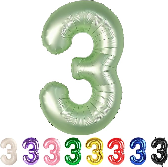 40 Inch Number 3 Balloon, Olive Green Birthday Decorations by Mluchee