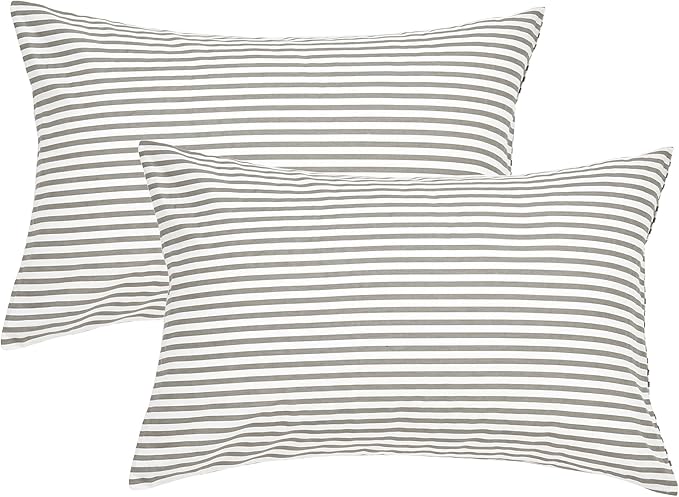 JELLYMONI 100% Natural Cotton Striped Standard Pillowcases Set, 4 Pack White and Grey and Green Stripes Pillow Covers with Envelope Closure(Pillows are not Included)