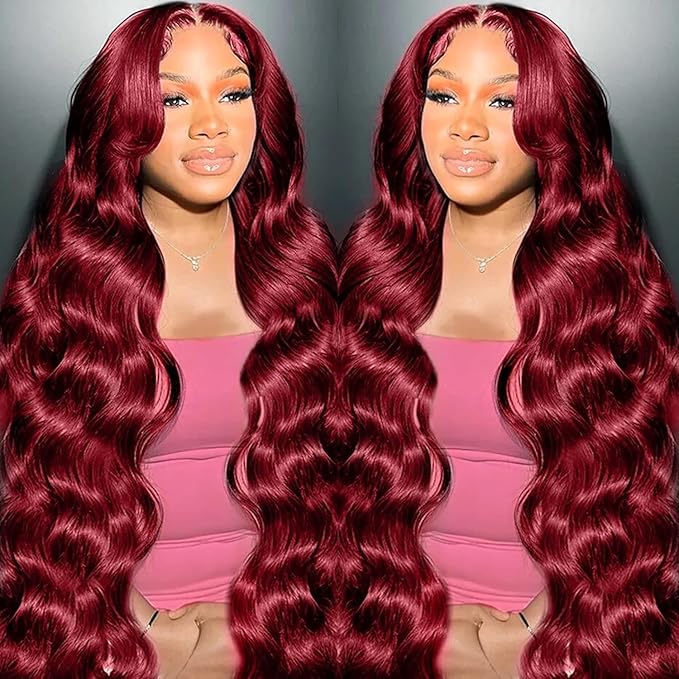 200% Density Burgundy Wig Human Hair 13x4 99j Burgundy Lace Front Wigs Human Hair Pre Plucked HD Transparent Lace Frontal Wigs Red Colored Wig 36Inch