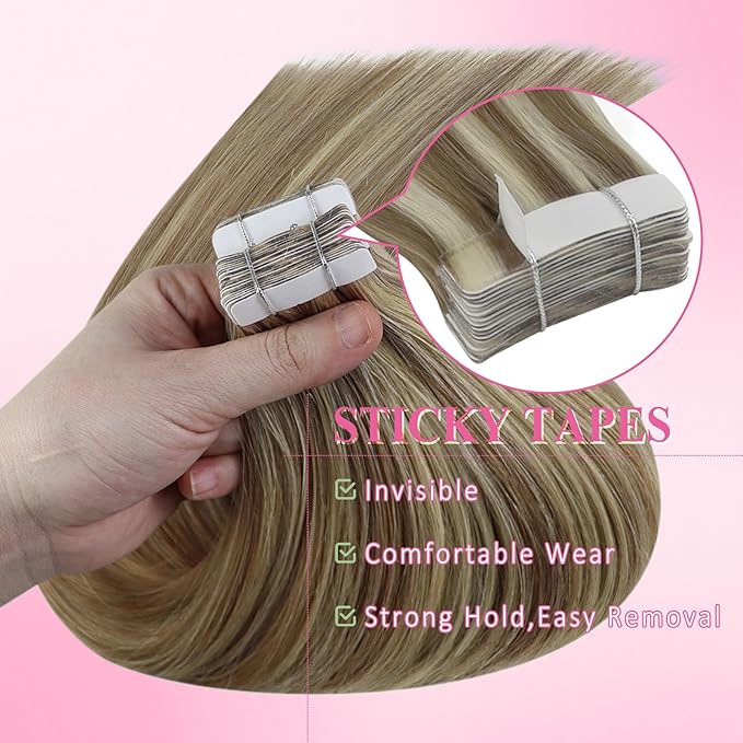 YoungSee Tape in Hair Extensions Human Hair Brown to Blonde Human Hair Extensions Tape ins Highlight Light Brown with Blonde Seamless Tape-in Extension Real Hair for Women Short Hair 12 Inch 20pcs 30g