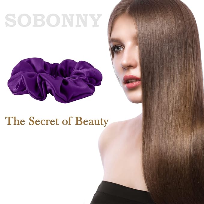 Large Silk Hair Scrunchies, 100% Mulberry Silk, No Damage for Frizz Prevention, Sleep and Night Scrunchie, Hair Accessories for Women - 3 Count (Violet, Metallic Gray, Light Blue)