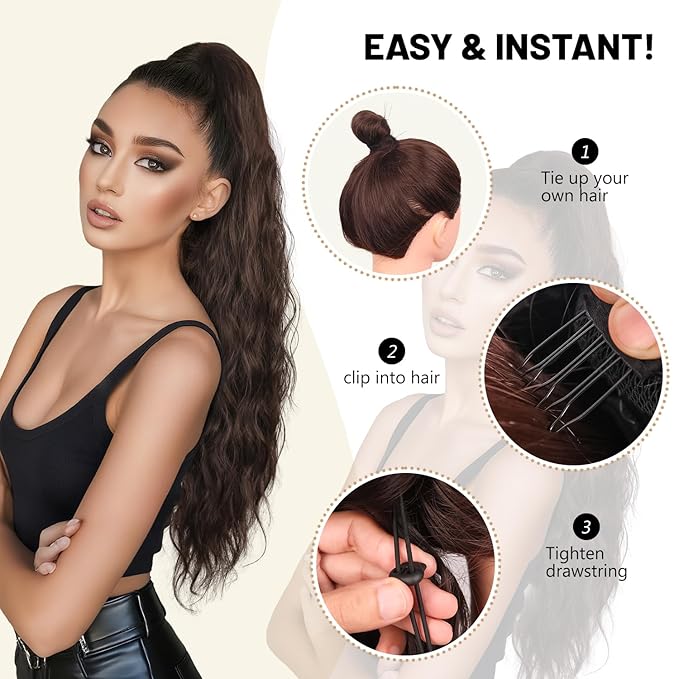 LEEONS 26 inch Drawstring ponytail Extension, Long Wavy pony tails hair extensions for Women - Synthetic Hairpiece Ponytail for Daily Use (Black Brown)