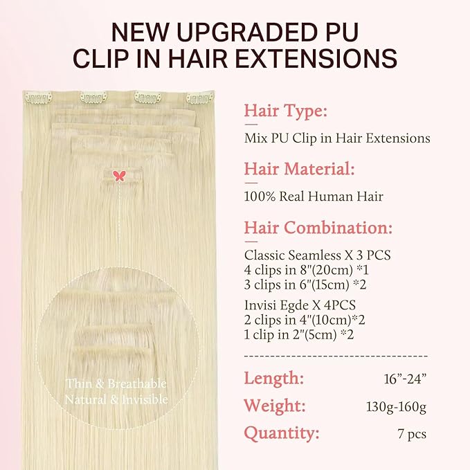 DOORES Clip in Hair Extensions Set 16 Inch 130g, 4pcs Invisi Edge Clip ins and 3pcs Classic Seamless Clip ins, Injected Virgin Real Human Hair Extensions Natural Invisible Straight, #60A