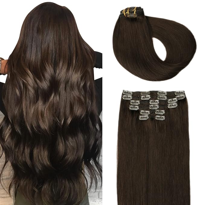 SURNEL Clip in Hair Extensions Real Human Hair 6pcs 14inch 100g Dark Brown Clip in Hair Extensions (#2,14'')