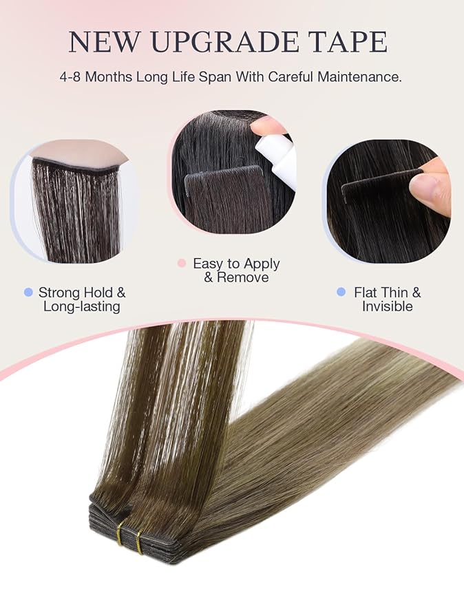 DOORES Invisi Edge Human Hair Extensions, Walnut Brown to Ash Brown & Bleach Blonde, 10 Injection Tape-ins, 50g, 14 Inch